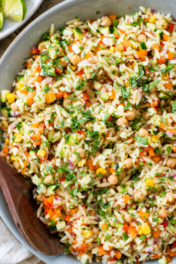 This Summer Veggie Orzo Salad is packed with chilled orzo, chickpeas, crisp veggies, and a light chipotle dressing. Perfect for lunches or a party | ThisSavoryVegan.com