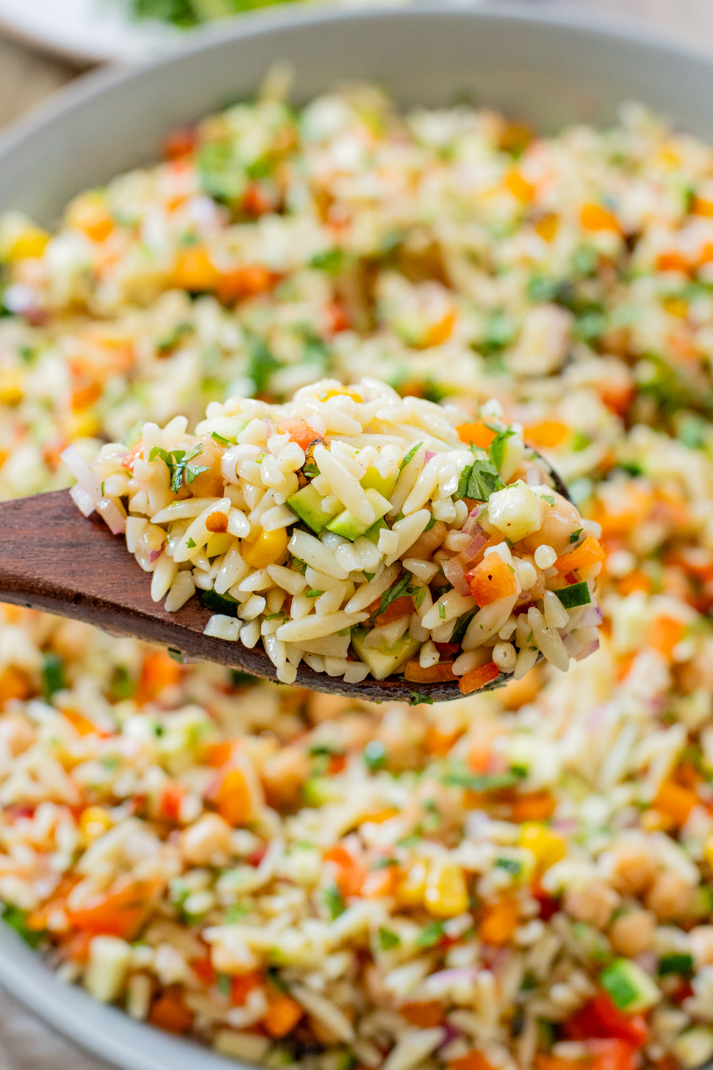This Summer Veggie Orzo Salad is packed with chilled orzo, chickpeas, crisp veggies, and a light chipotle dressing. Perfect for lunches or a party | ThisSavoryVegan.com
