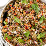 This Super Yummy Lentil Salad is ready in 15 minutes! Packed with veggies, protein and the perfect lemon garlic vinaigrette | ThisSavoryVegan.com
