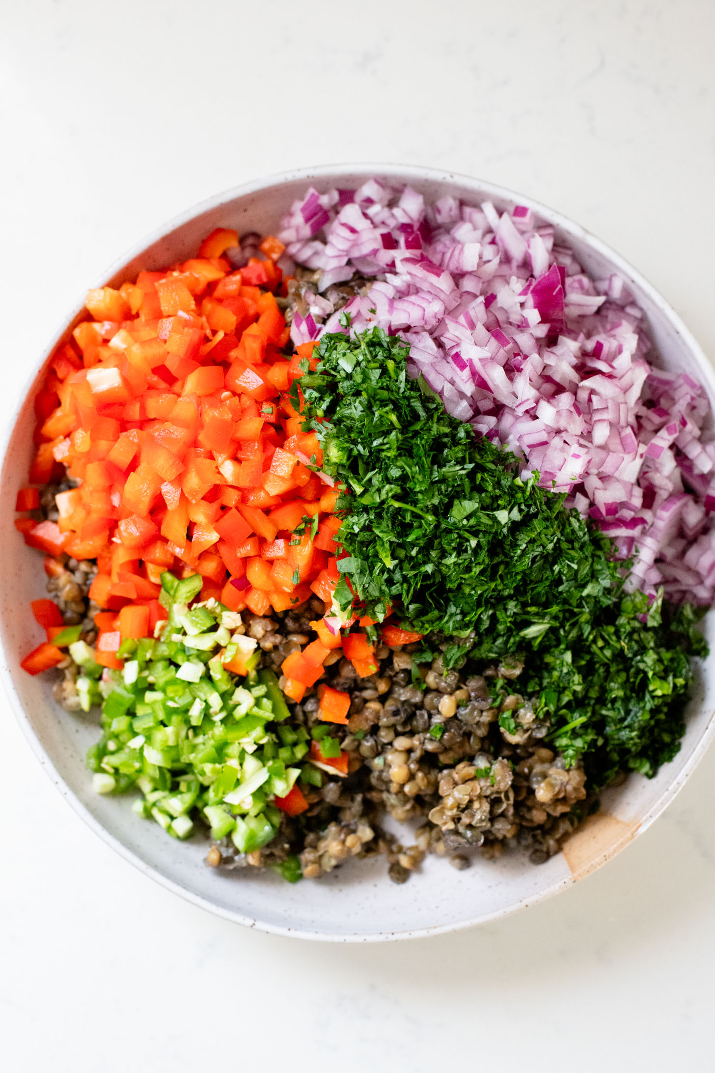 This Super Yummy Lentil Salad is ready in 15 minutes! Packed with veggies, protein and the perfect lemon garlic vinaigrette | ThisSavoryVegan.com