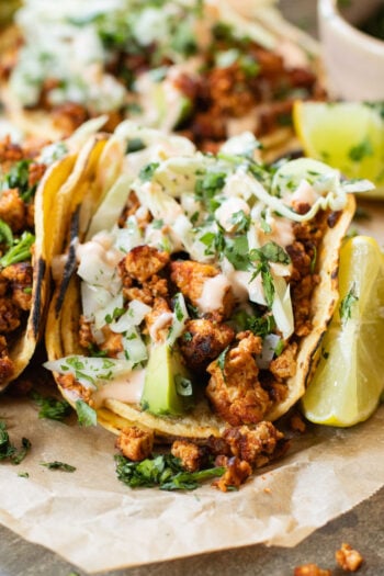 These Crispy Tofu Street Tacos are ready in 30 minutes, perfect for a vegan weeknight dinner. Packed with protein and taste AMAZING | ThisSavoryVegan.com