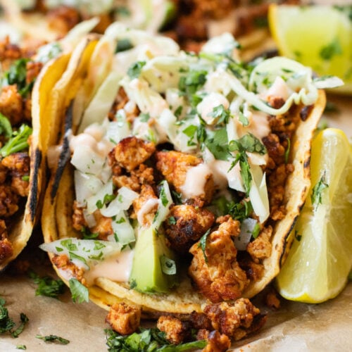 These Crispy Tofu Street Tacos are ready in 30 minutes, perfect for a vegan weeknight dinner. Packed with protein and taste AMAZING | ThisSavoryVegan.com