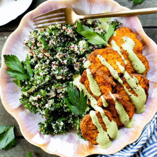 These Lemon Herb Sweet Potato Quinoa Bowls are healthy and tasty! Quinoa & kale salad is topped with roasted sweet potatoes & basil dressing | ThisSavoryVegan.com
