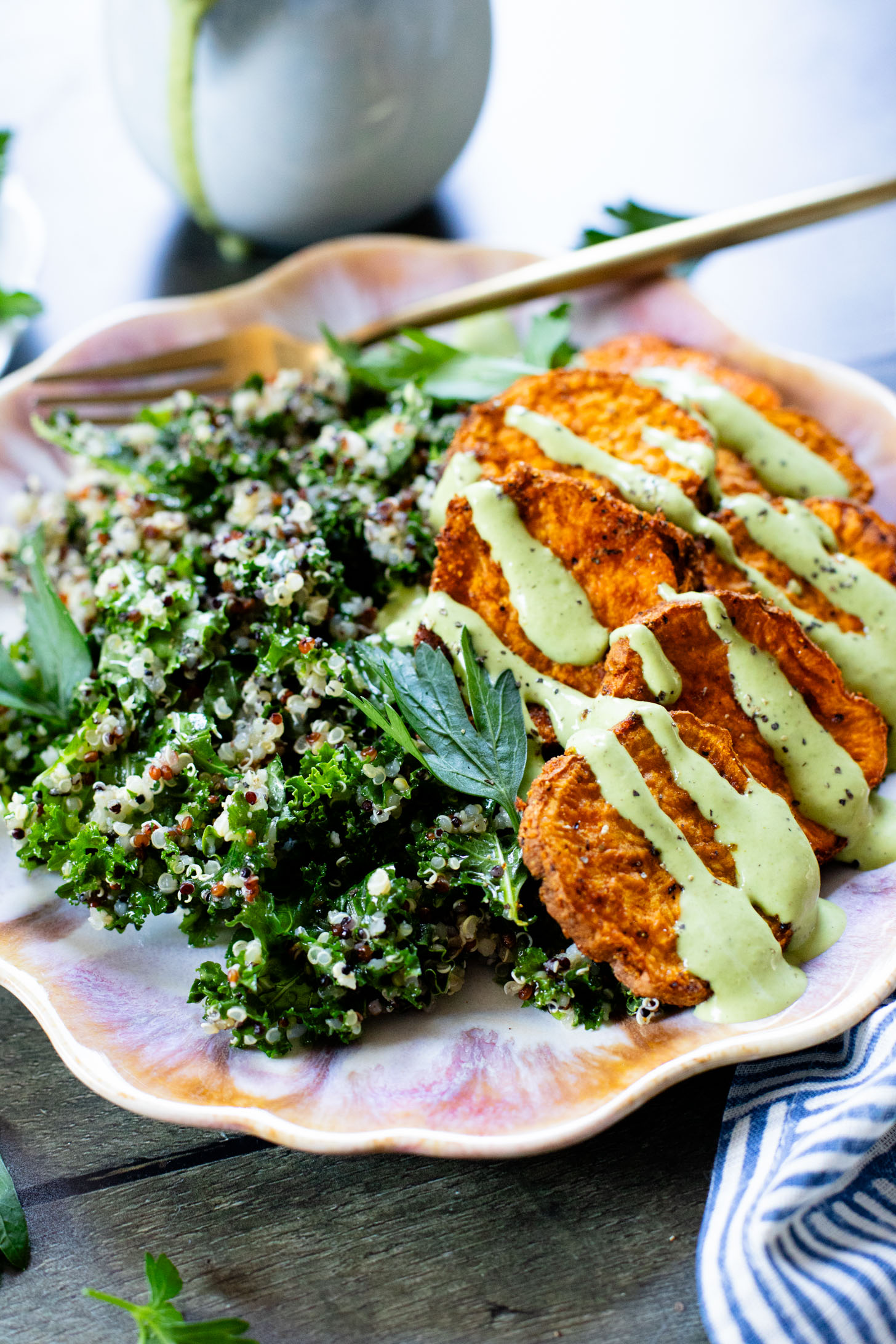 These Lemon Herb Sweet Potato Quinoa Bowls are healthy and tasty! Quinoa & kale salad is topped with roasted sweet potatoes & basil dressing | ThisSavoryVegan.com