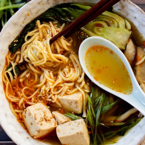 This Slow Cooker Vegan Ramen is a super easy way to make homemade ramen. Packed with veggies & tofu, this is a delicious dish | ThisSavoryVegan.com