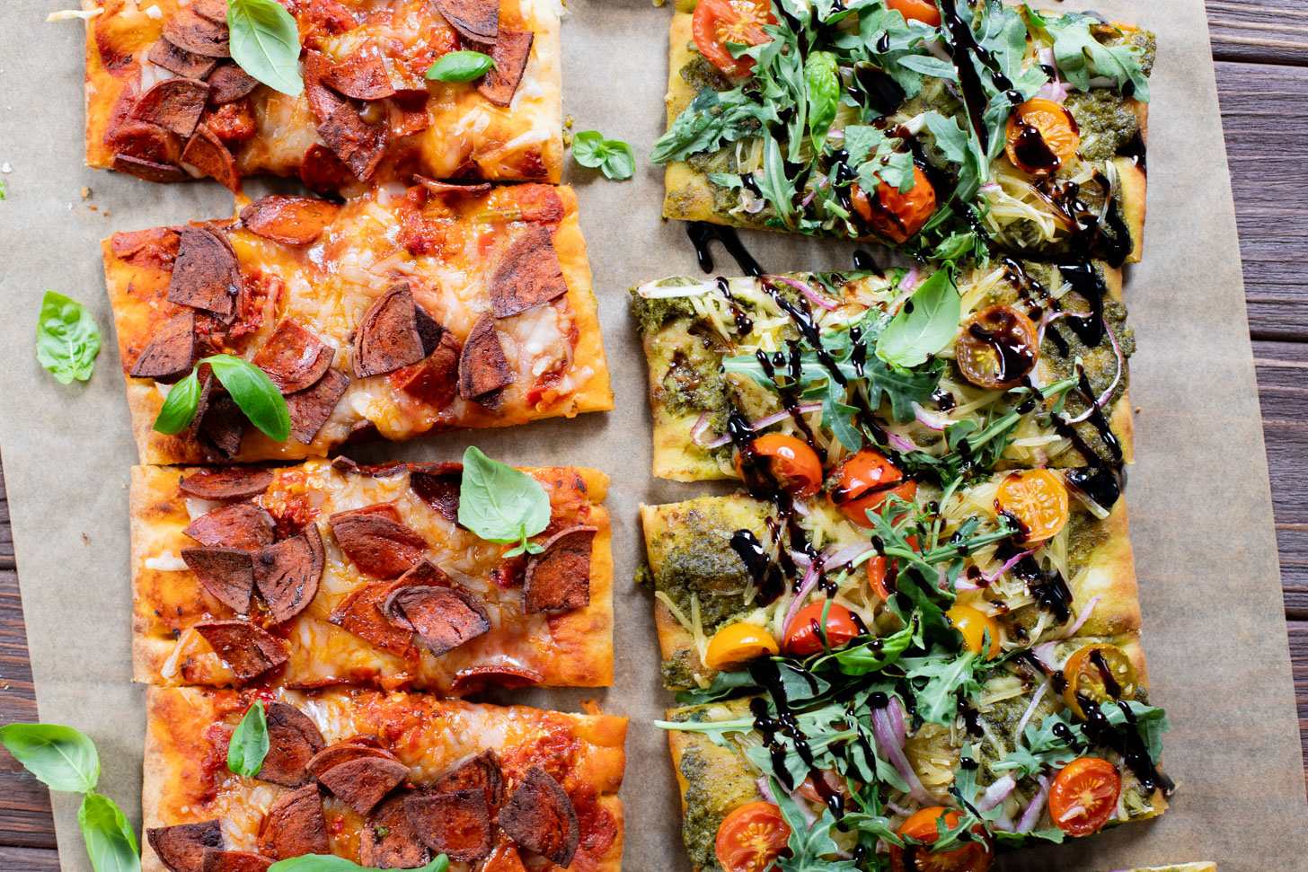 Trader Joe's Vegan Pizza 2 Ways - spicy vegan pepperoni pizza and pesto arugula pizza. Simple, delicious & easy | ThisSavoryVegan.com