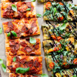 Trader Joe's Vegan Pizza 2 Ways - spicy vegan pepperoni pizza and pesto arugula pizza. Simple, delicious & easy | ThisSavoryVegan.com