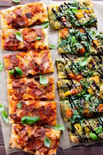 Trader Joe's Vegan Pizza 2 Ways - spicy vegan pepperoni pizza and pesto arugula pizza. Simple, delicious & easy | ThisSavoryVegan.com