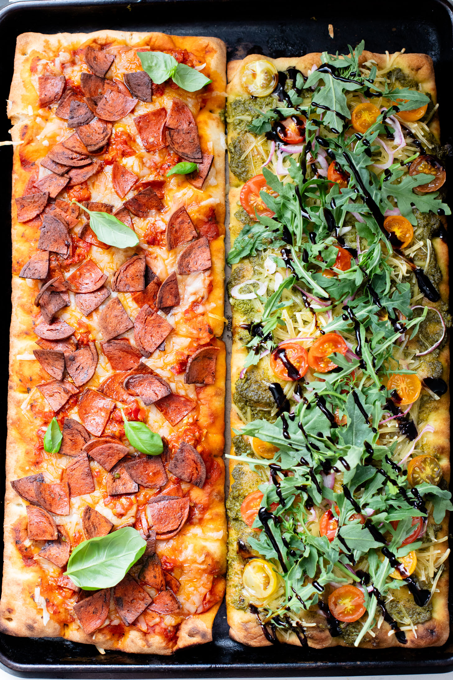 Trader Joe's Vegan Pizza 2 Ways - spicy vegan pepperoni pizza and pesto arugula pizza. Simple, delicious & easy | ThisSavoryVegan.com