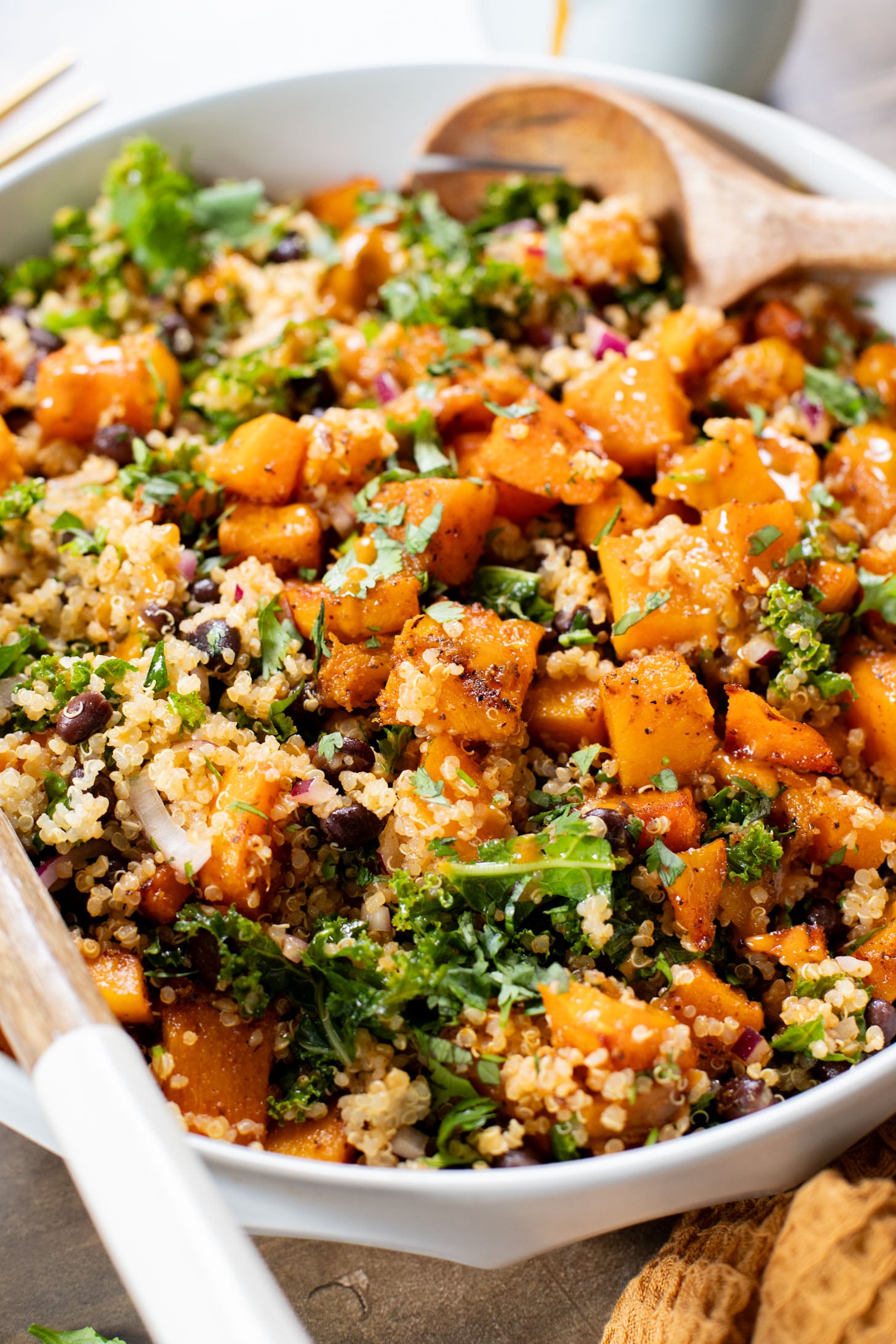 This Chipotle Butternut Squash Quinoa Salad is the perfect fall meal. Roasted squash, tender quinoa, black beans, kale & a chipotle dressing | ThisSavoryVegan.com