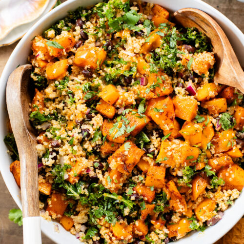 This Chipotle Butternut Squash Quinoa Salad is the perfect fall meal. Roasted squash, tender quinoa, black beans, kale & a chipotle dressing | ThisSavoryVegan.com