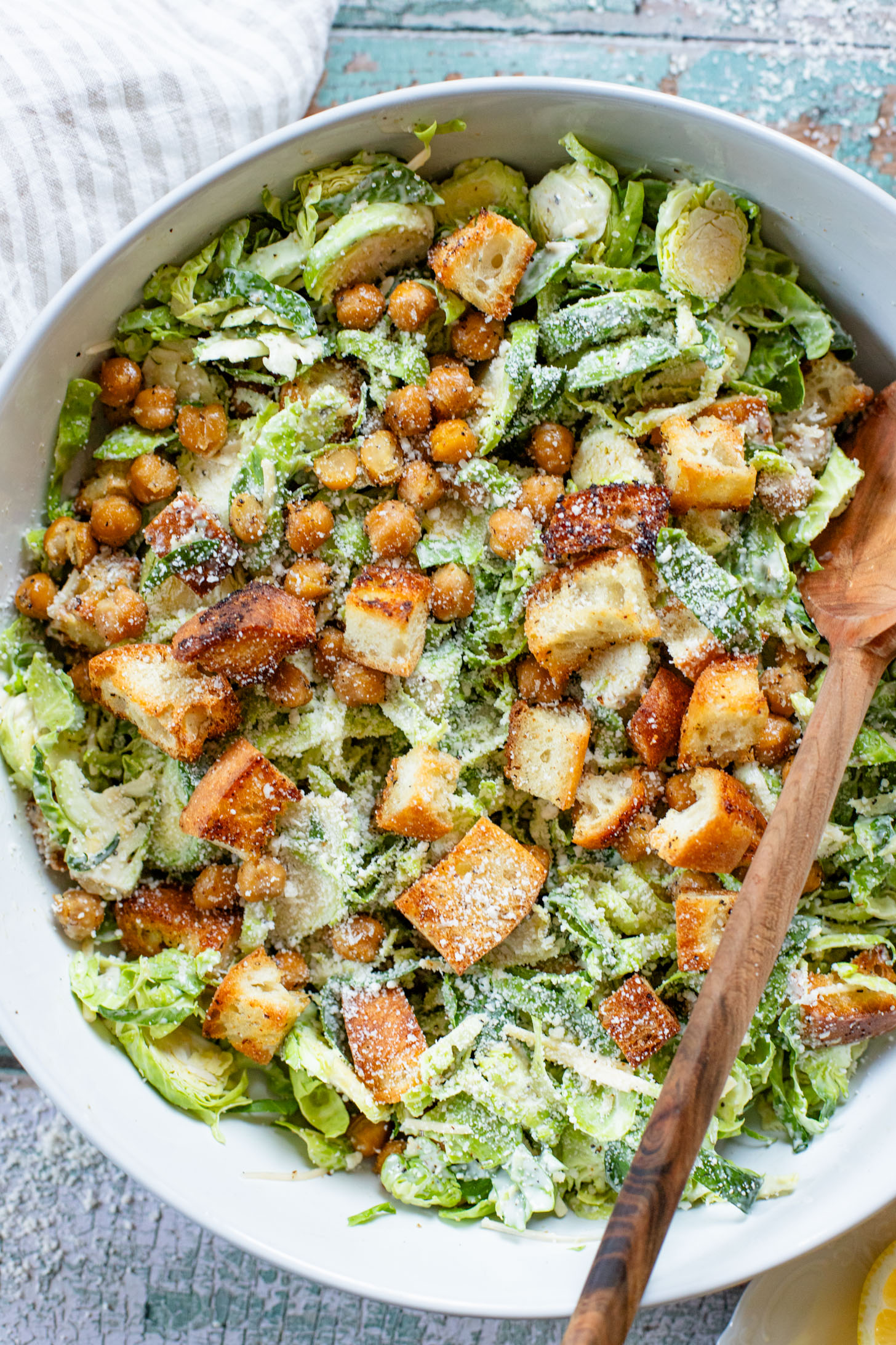 This Shaved Brussels Sprouts Caesar Salad is 100% dairy-free and totally tasty! A fall take on a classic salad recipe | ThisSavoryVegan.com