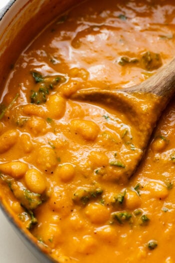 This Curried White Beans & Kale recipe is cozy and veggie packed! Beans are simmered in a coconut & squash sauce to make a delicious vegan curry | ThisSavoryVegan.com