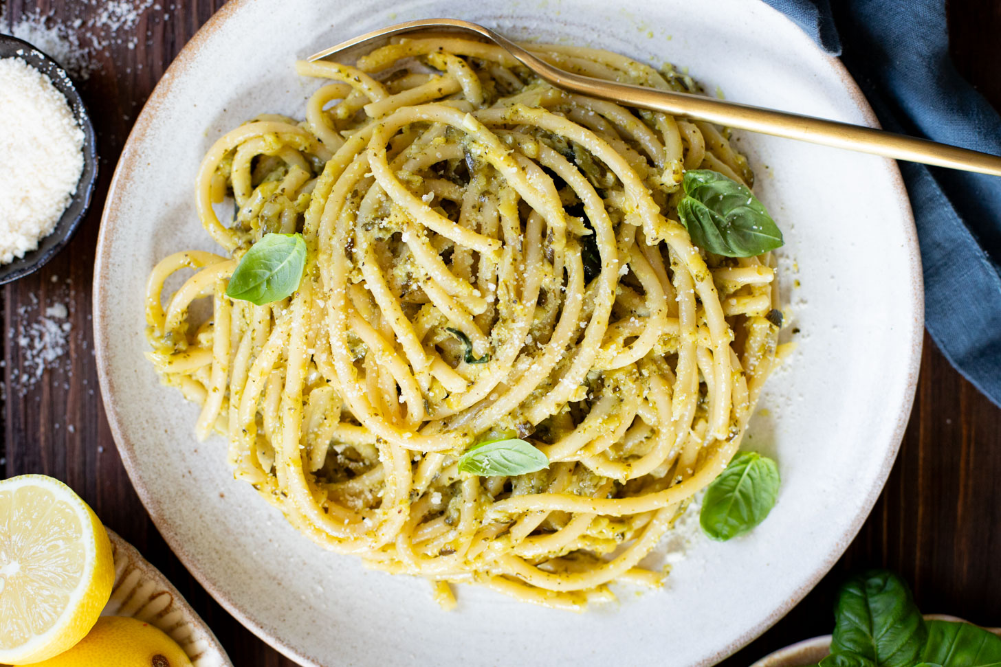 This Lemon Zucchini Bucatini is a simple vegan pasta dish that is creamy, loaded with veggies & 100% dairy-free | ThisSavoryVegan.com