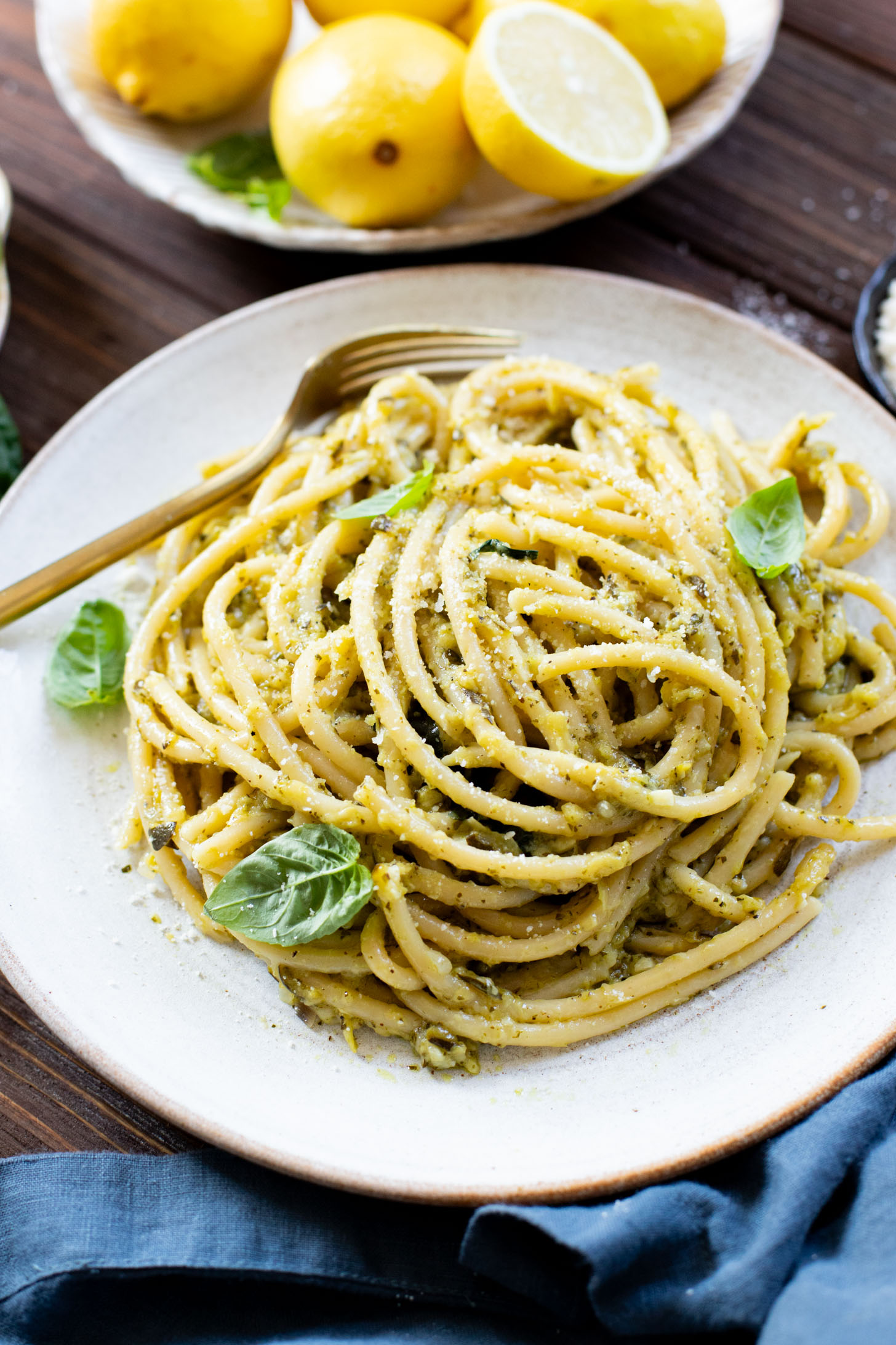 This Lemon Zucchini Bucatini is a simple vegan pasta dish that is creamy, loaded with veggies & 100% dairy-free | ThisSavoryVegan.com