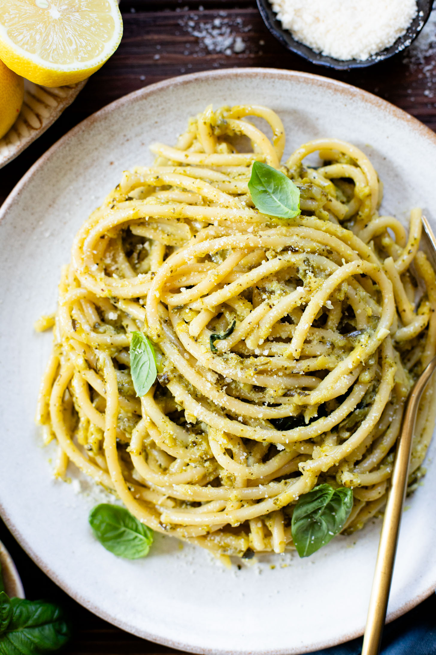 This Lemon Zucchini Bucatini is a simple vegan pasta dish that is creamy, loaded with veggies & 100% dairy-free | ThisSavoryVegan.com