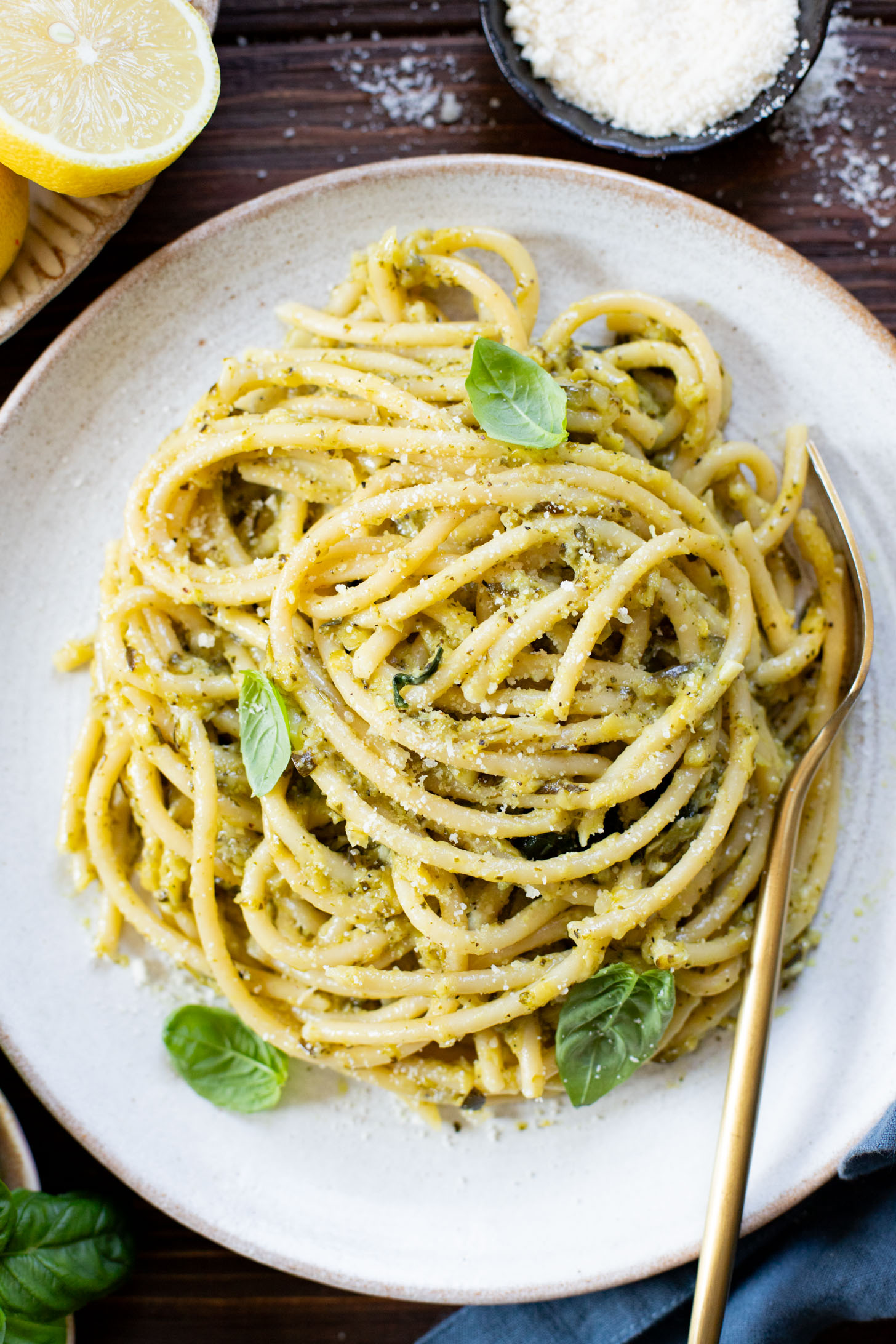 This Lemon Zucchini Bucatini is a simple vegan pasta dish that is creamy, loaded with veggies & 100% dairy-free | ThisSavoryVegan.com