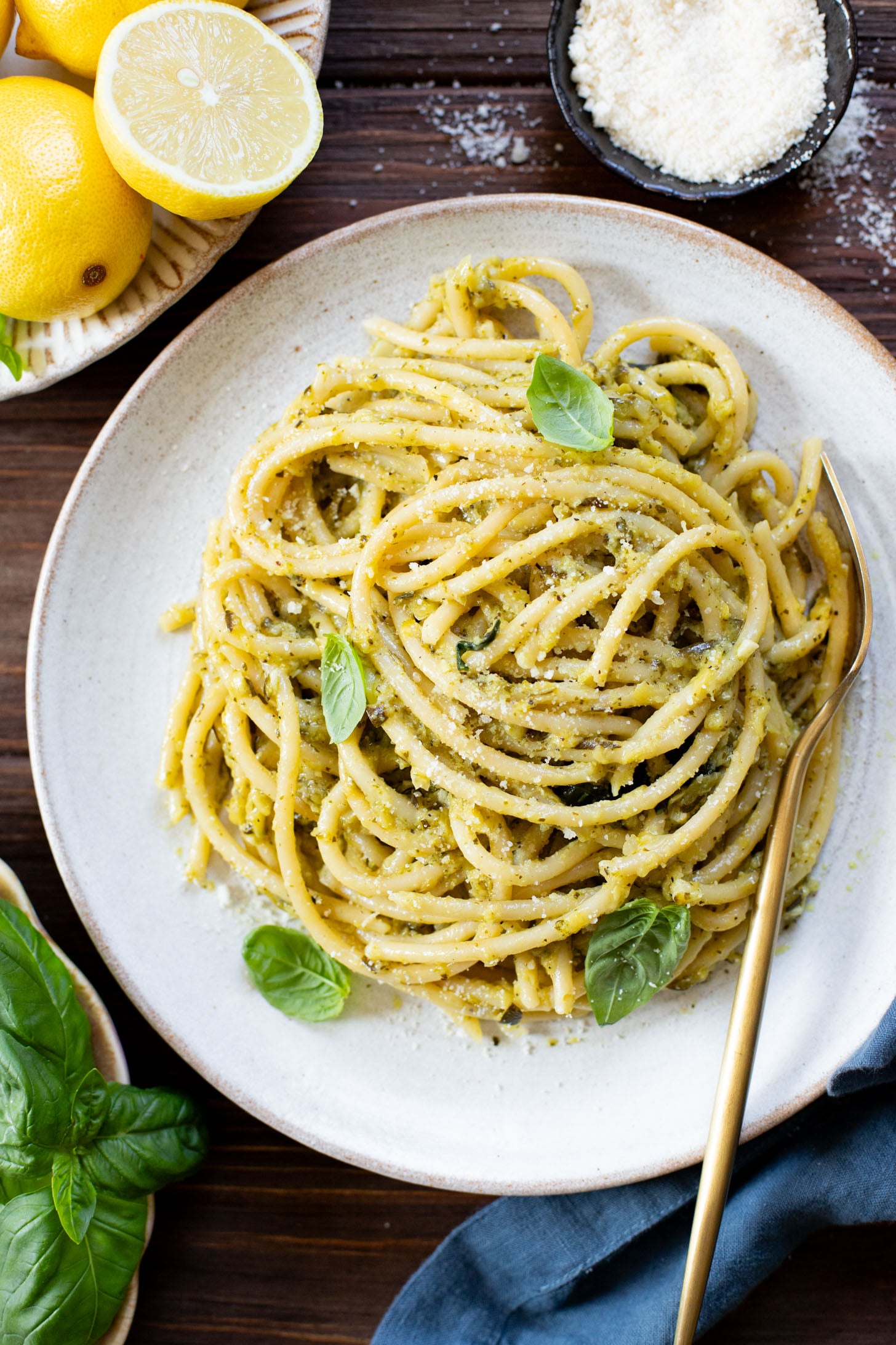 This Lemon Zucchini Bucatini is a simple vegan pasta dish that is creamy, loaded with veggies & 100% dairy-free | ThisSavoryVegan.com