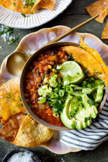 Cozy, comforting & healthy, this Lentil & Rice Enchilada Chili is the perfect one-pot vegan dinner! Perfect for meal prepped lunches | ThisSavoryVegan.com