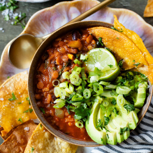 Cozy, comforting & healthy, this Lentil & Rice Enchilada Chili is the perfect one-pot vegan dinner! Perfect for meal prepped lunches | ThisSavoryVegan.com