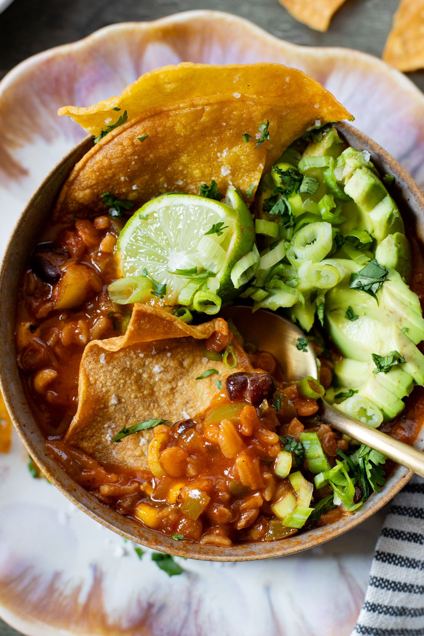 Cozy, comforting & healthy, this Lentil & Rice Enchilada Chili is the perfect one-pot vegan dinner! Perfect for meal prepped lunches | ThisSavoryVegan.com