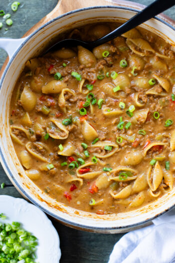 This Vegan Cajun Hamburger Helper is the perfect one-pot weeknight dinner! Simple ingredients, ready in less than an hour & delish | ThisSavoryVegan.com