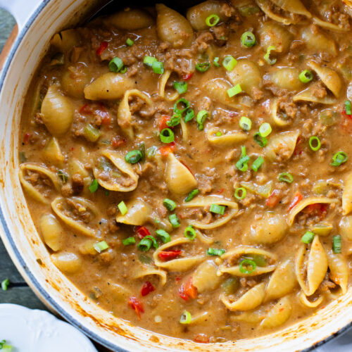 This Vegan Cajun Hamburger Helper is the perfect one-pot weeknight dinner! Simple ingredients, ready in less than an hour & delish | ThisSavoryVegan.com