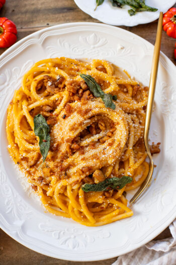 This Brown Butter Butternut Squash Bucatini is a dairy-free pasta dream! Roasted veggies are the base of this super creamy sauce | ThisSavoryVegan.com