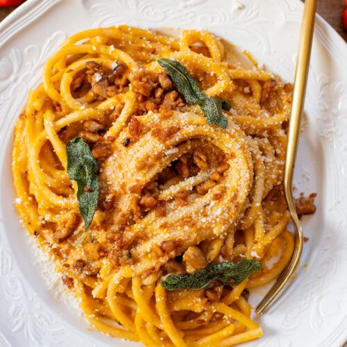This Brown Butter Butternut Squash Bucatini is a dairy-free pasta dream! Roasted veggies are the base of this super creamy sauce | ThisSavoryVegan.com