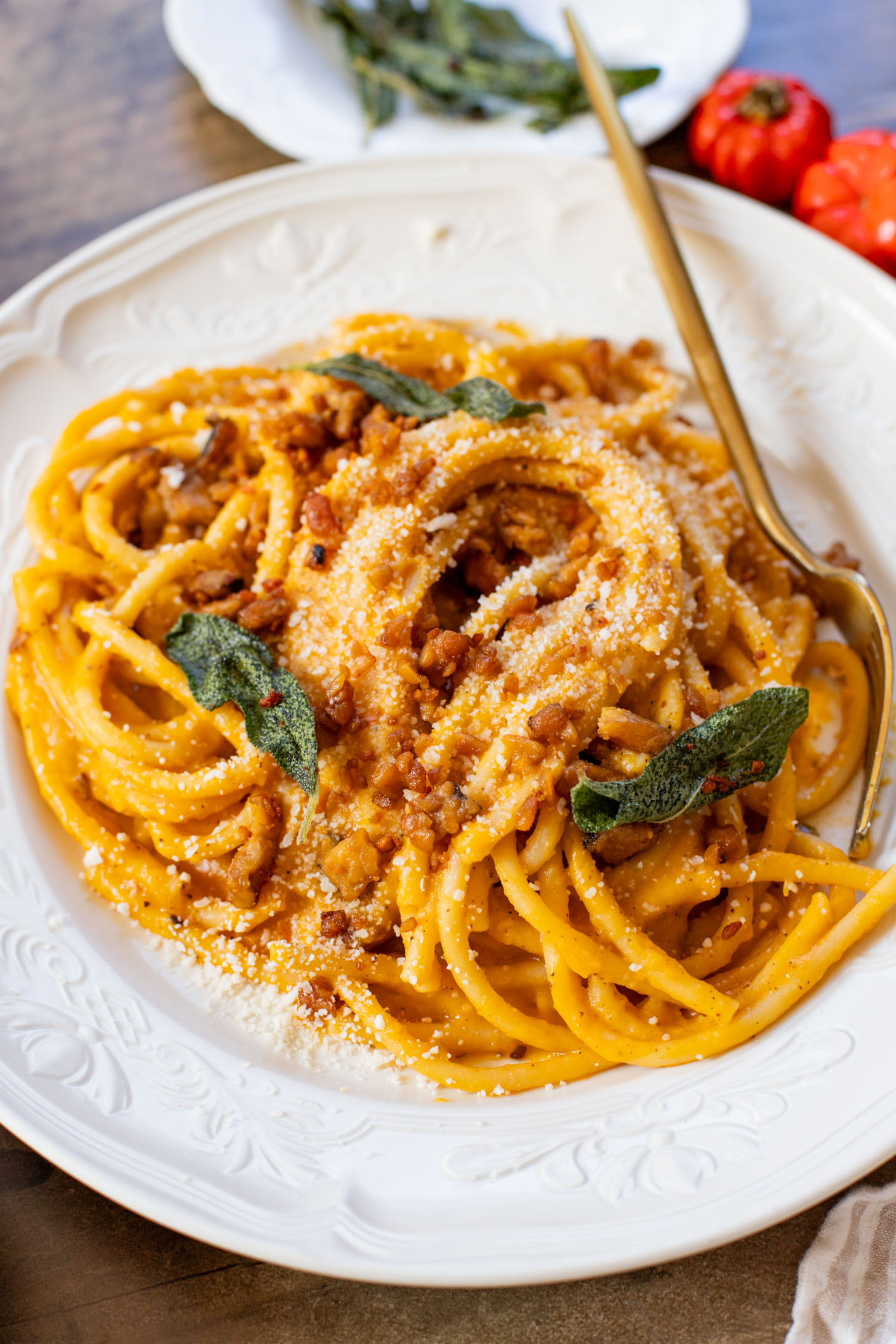 This Brown Butter Butternut Squash Bucatini is a dairy-free pasta dream! Roasted veggies are the base of this super creamy sauce | ThisSavoryVegan.com
