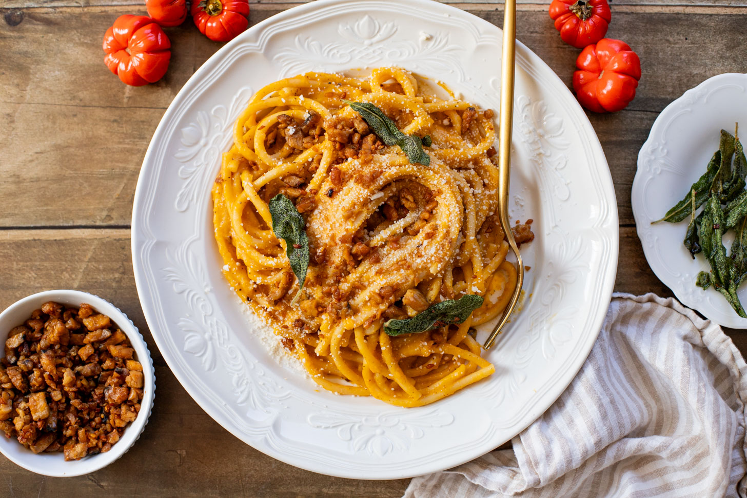 This Brown Butter Butternut Squash Bucatini is a dairy-free pasta dream! Roasted veggies are the base of this super creamy sauce | ThisSavoryVegan.com