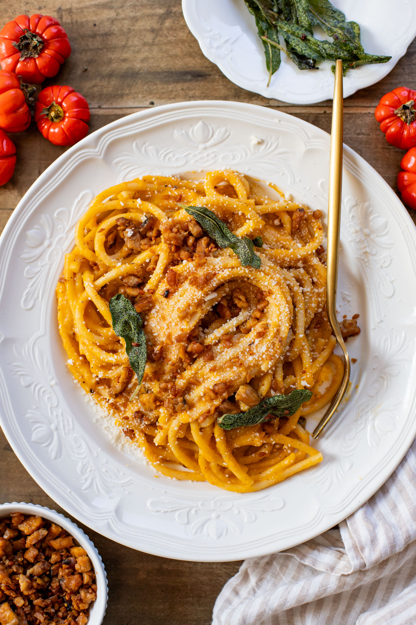 This Brown Butter Butternut Squash Bucatini is a dairy-free pasta dream! Roasted veggies are the base of this super creamy sauce | ThisSavoryVegan.com