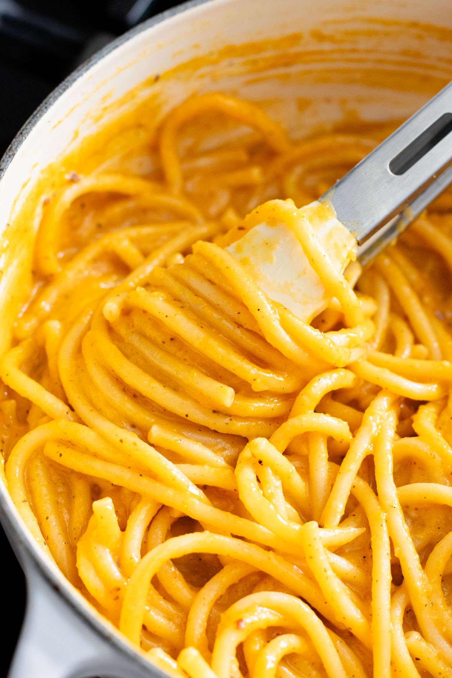 This Brown Butter Butternut Squash Bucatini is a dairy-free pasta dream! Roasted veggies are the base of this super creamy sauce | ThisSavoryVegan.com