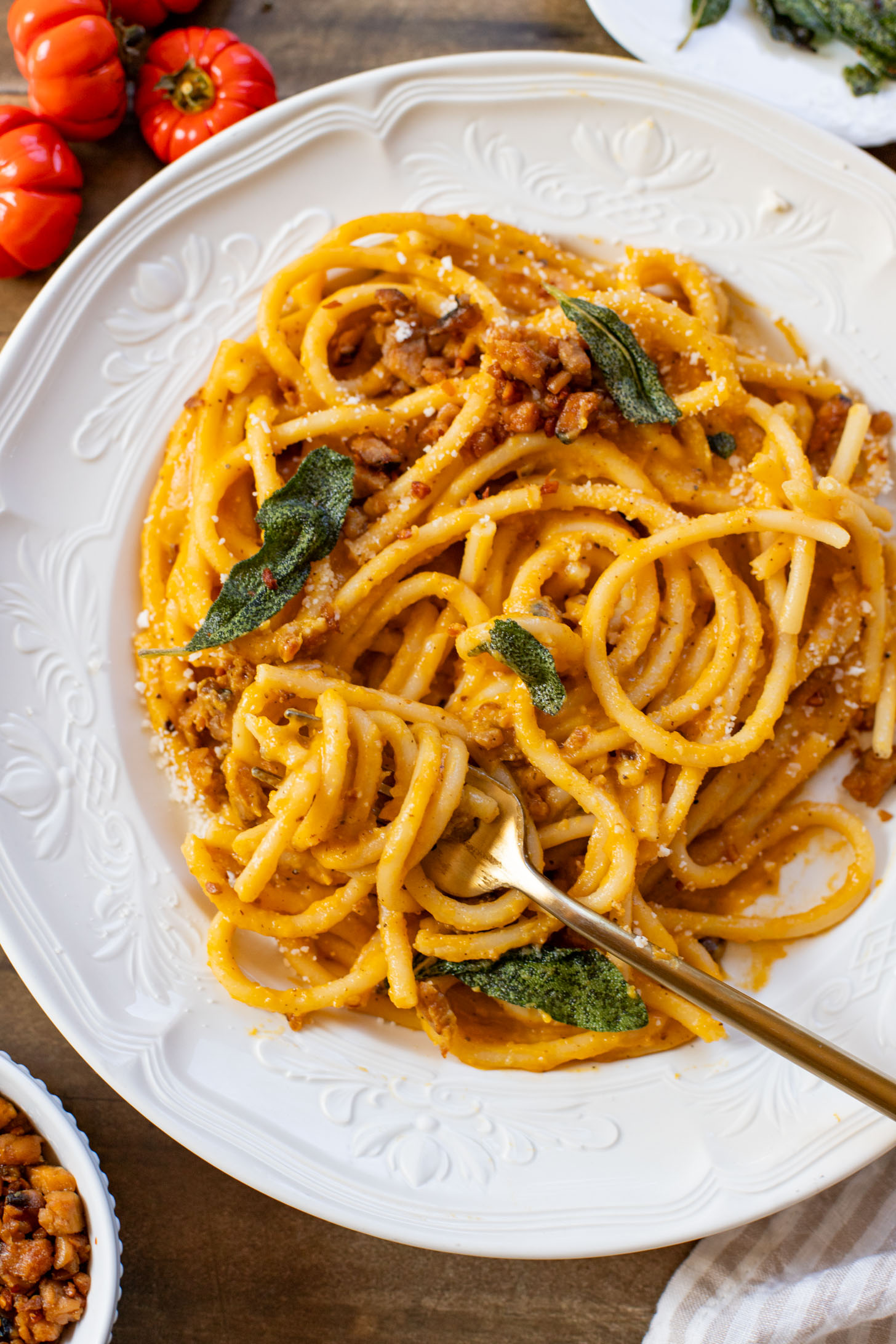 This Brown Butter Butternut Squash Bucatini is a dairy-free pasta dream! Roasted veggies are the base of this super creamy sauce | ThisSavoryVegan.com