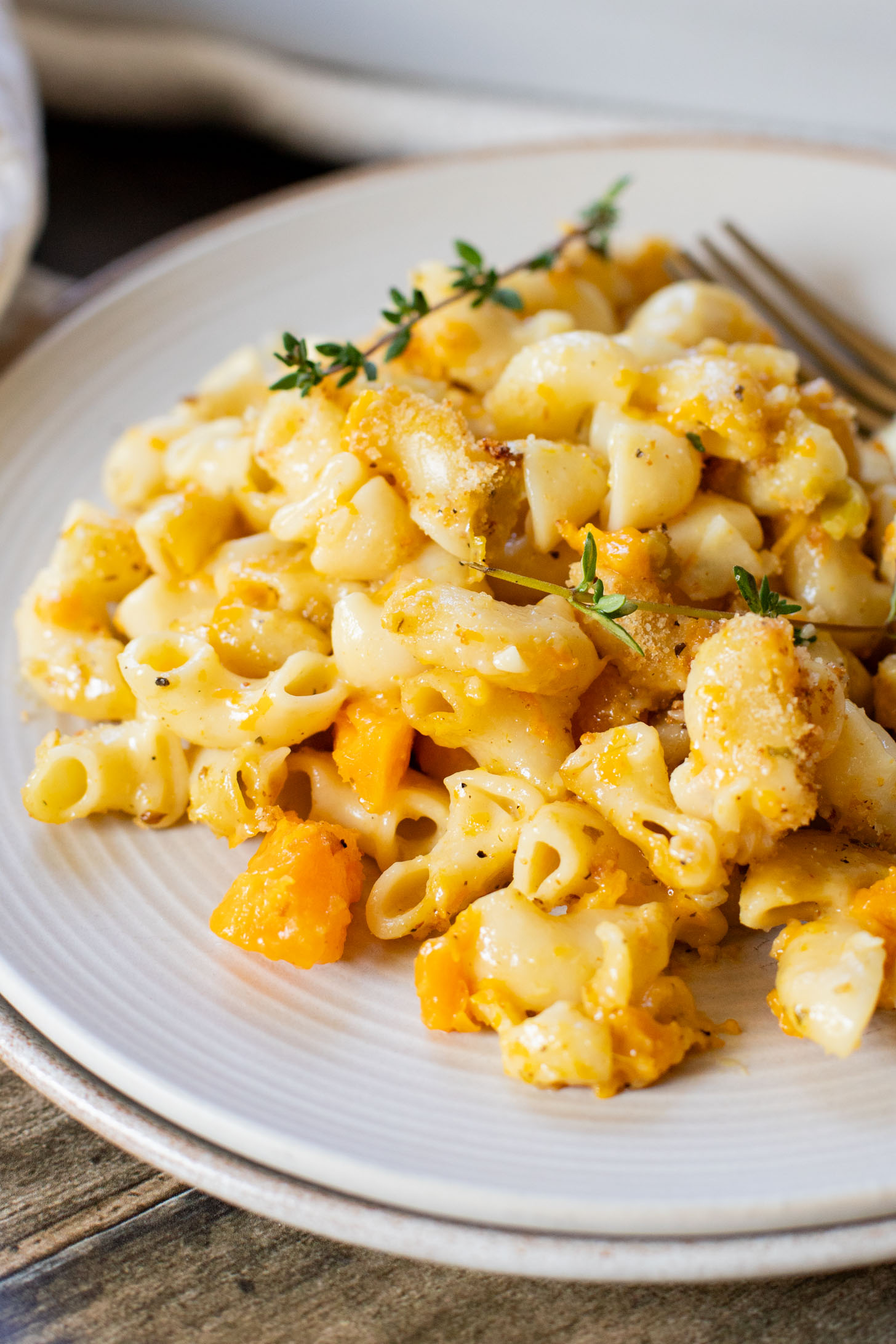 This Cheesy Butternut Squash Pasta Bake is the perfect vegan holiday casserole! Made with a dairy-free cheese sauce & tender squash pieces | ThisSavoryVegan.com