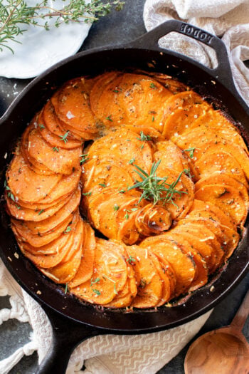 This Easy Sweet Potato Bake is the perfect dairy-free holiday side dish! A crispy crust and tender center, this potato bake is delicious | ThisSavoryVegan.com