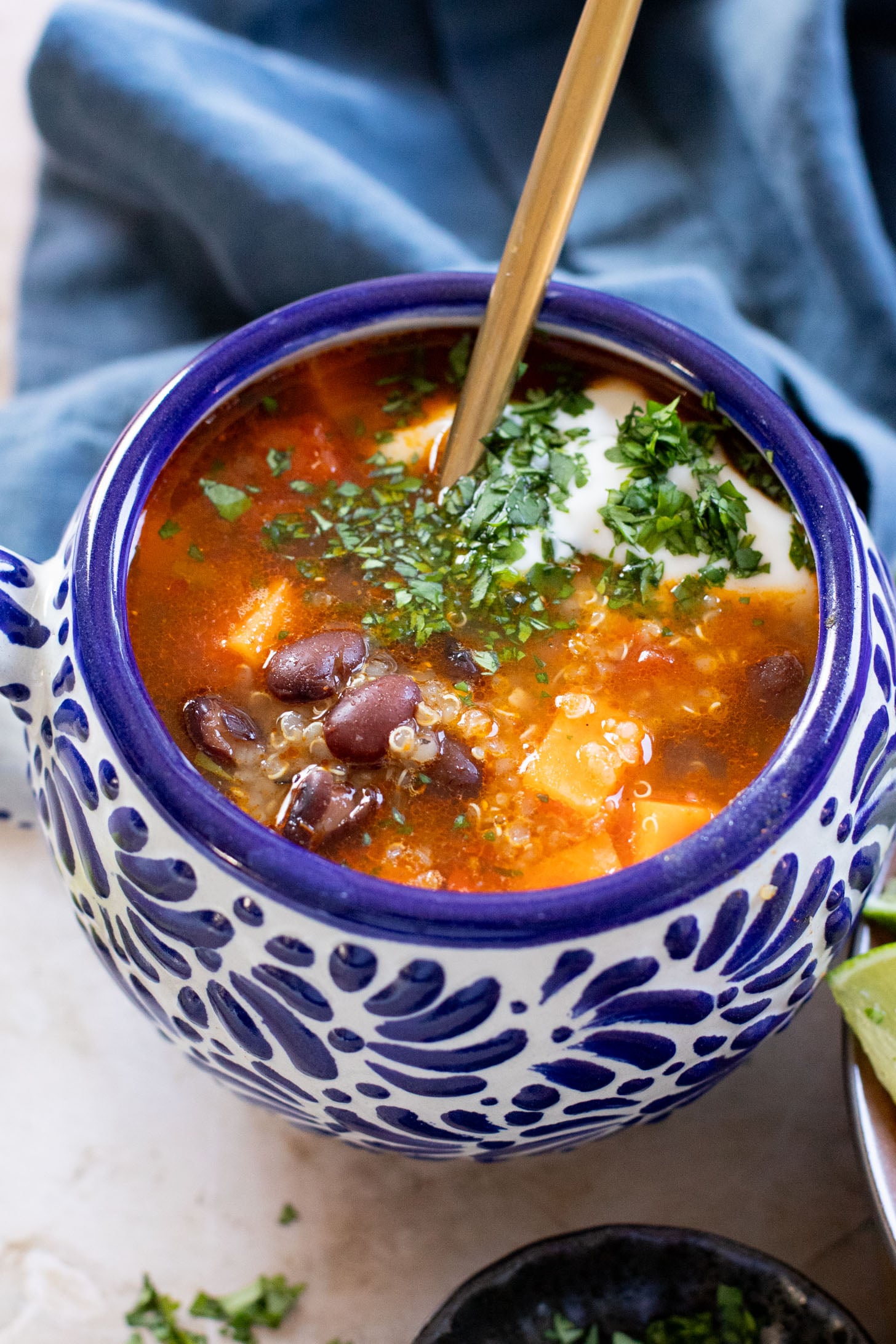 Healthy & delicious, this Sweet Potato Black Bean Soup is loaded with veggies, black beans and quinoa. Made in one pot in under an hour | ThisSavoryVegan.com
