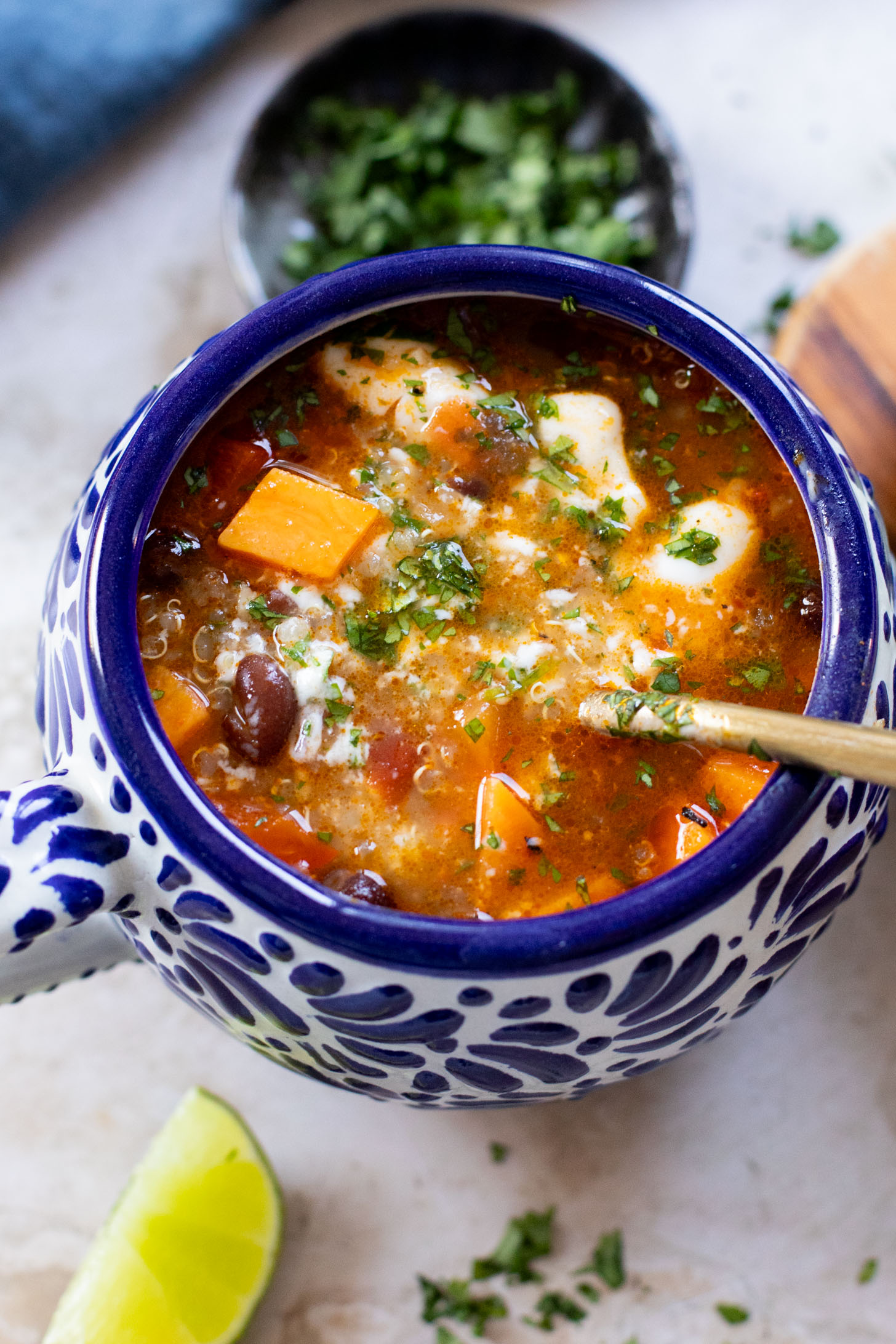 Healthy & delicious, this Sweet Potato Black Bean Soup is loaded with veggies, black beans and quinoa. Made in one pot in under an hour | ThisSavoryVegan.com