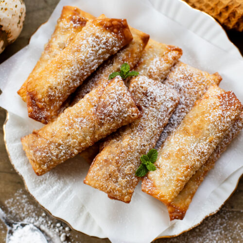 These Pumpkin Pie Egg Rolls are the perfect dessert to serve at your holiday feast! A dairy-free pumpkin pie filling & crispy vegan egg roll wrappers | ThisSavoryVegan.com