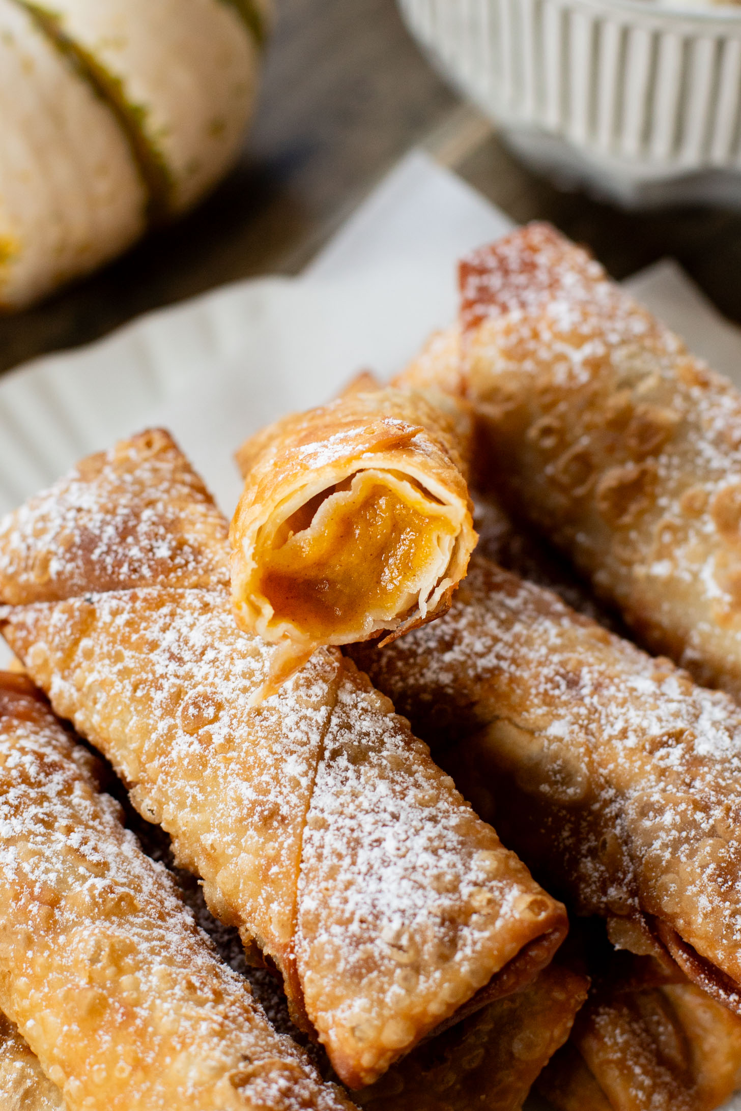 These Pumpkin Pie Egg Rolls are the perfect dessert to serve at your holiday feast! A dairy-free pumpkin pie filling & crispy vegan egg roll wrappers | ThisSavoryVegan.com