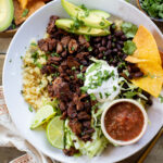 These Vegan Steak Burrito Bowls are the perfect weeknight dinner. Loaded with quinoa, vegan steak, beans and avocado - 32 grams of protein in each bowl | ThisSavoryVegan.com