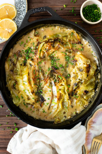 This dairy-free Charred Cabbage in Creamy Spinach Sauce is the ultimate veggie side dish! When comfort food & veggies meet | ThisSavoryVegan.com