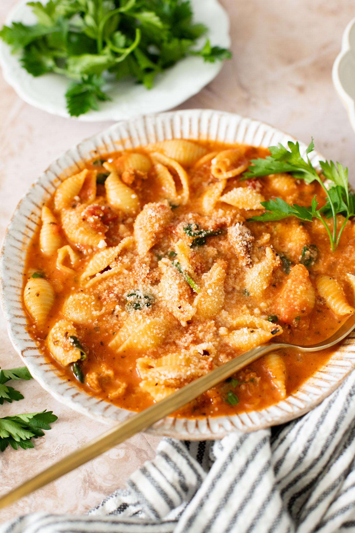 This Creamy Sausage & Pasta Soup is made with vegan sausage and dairy-free cream! A cozy vegan soup filled with veggies & pasta | ThisSavoryVegan.com