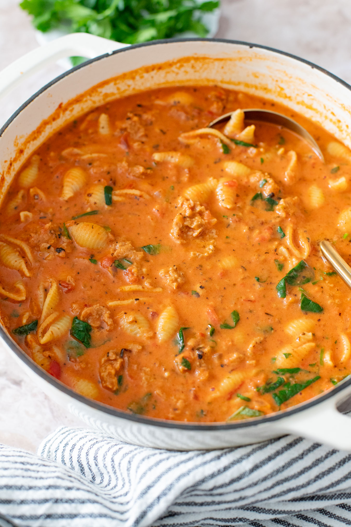 This Creamy Sausage & Pasta Soup is made with vegan sausage and dairy-free cream! A cozy vegan soup filled with veggies & pasta | ThisSavoryVegan.com