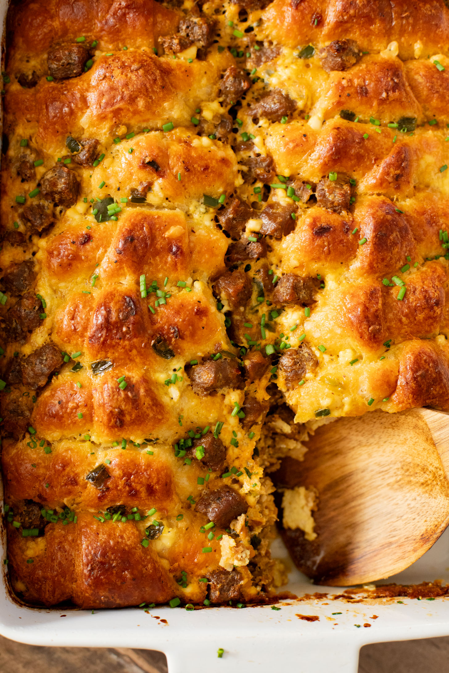 This Crescent Roll Breakfast Casserole is made with vegan eggs & vegan sausage. Perfect vegan breakfast casserole to serve a crowd | ThisSavoryVegan.com