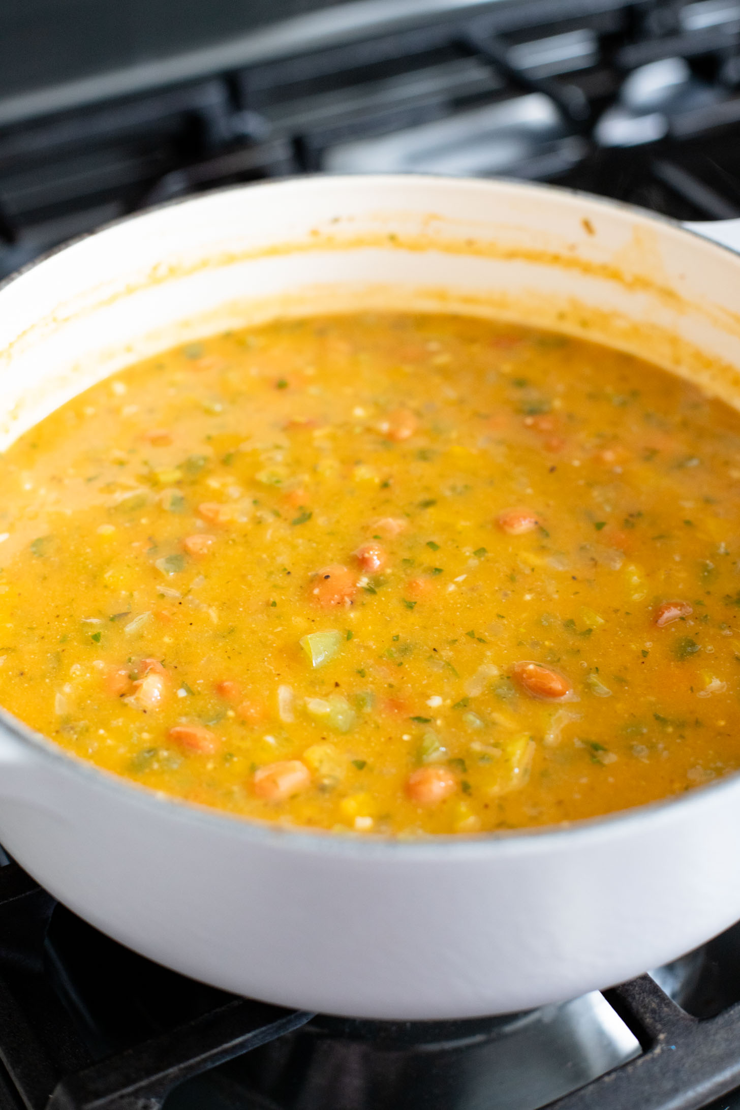 This Creamy Salsa Verde Chili is an easy one-pot weeknight dinner. Served over rice for a complete meal in 30 minutes | ThisSavoryVegan.com