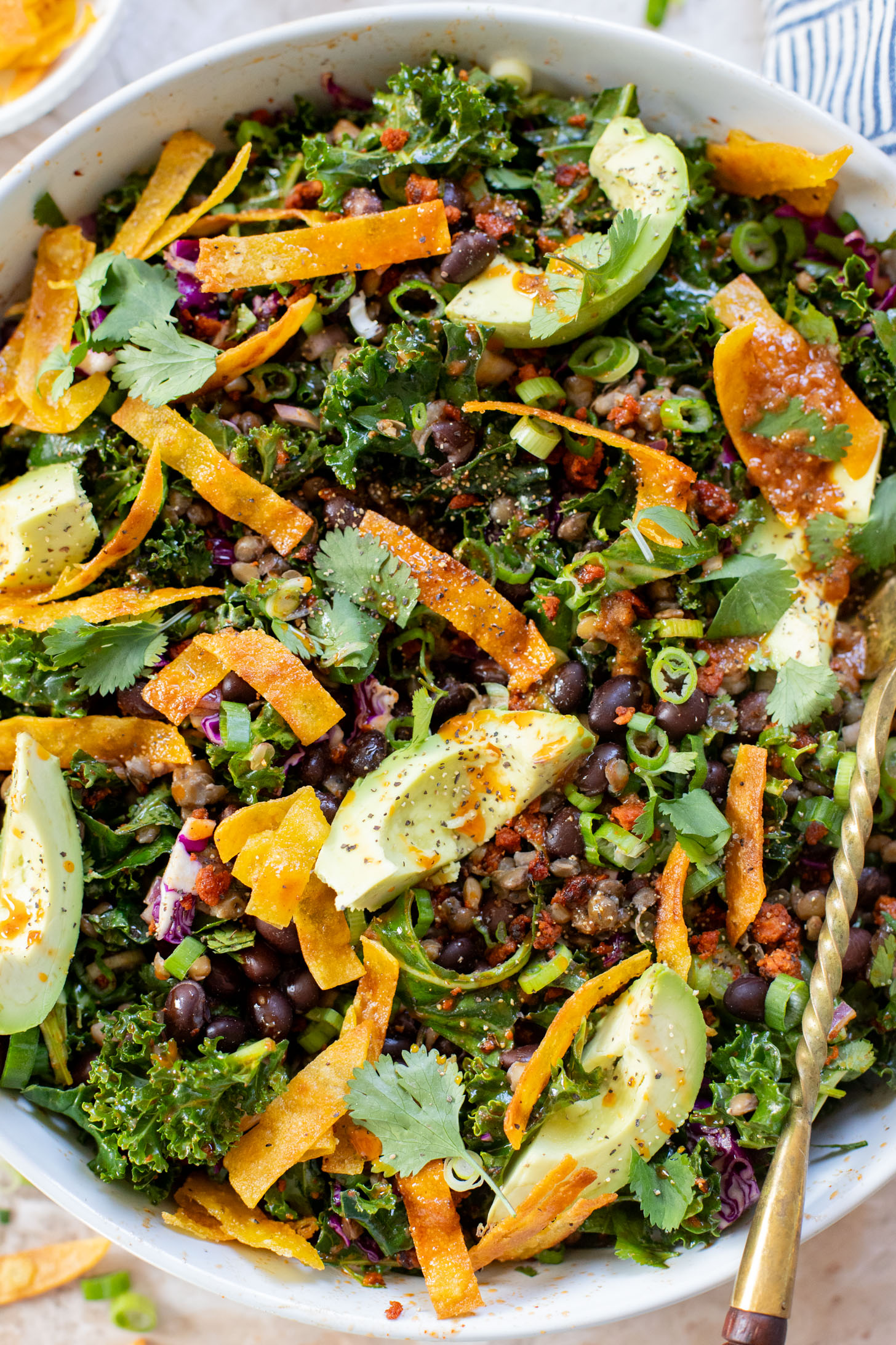 This Lentil & Bean Taco Salad is filled with kale, soy chorizo, greens, lentils & beans. All tossed in a zesty chipotle dressing | ThisSavoryVegan.com