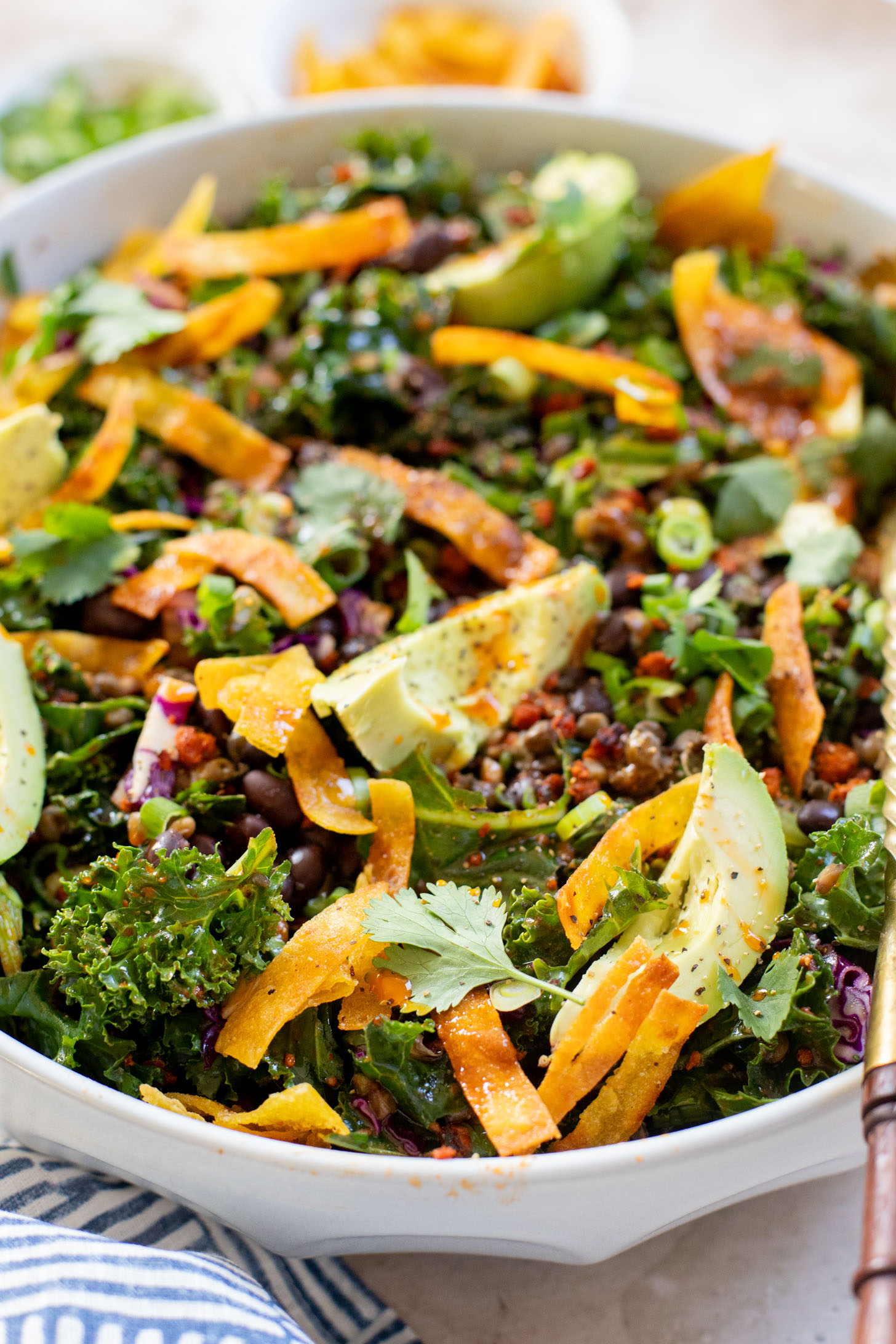 This Lentil & Bean Taco Salad is filled with kale, soy chorizo, greens, lentils & beans. All tossed in a zesty chipotle dressing | ThisSavoryVegan.com