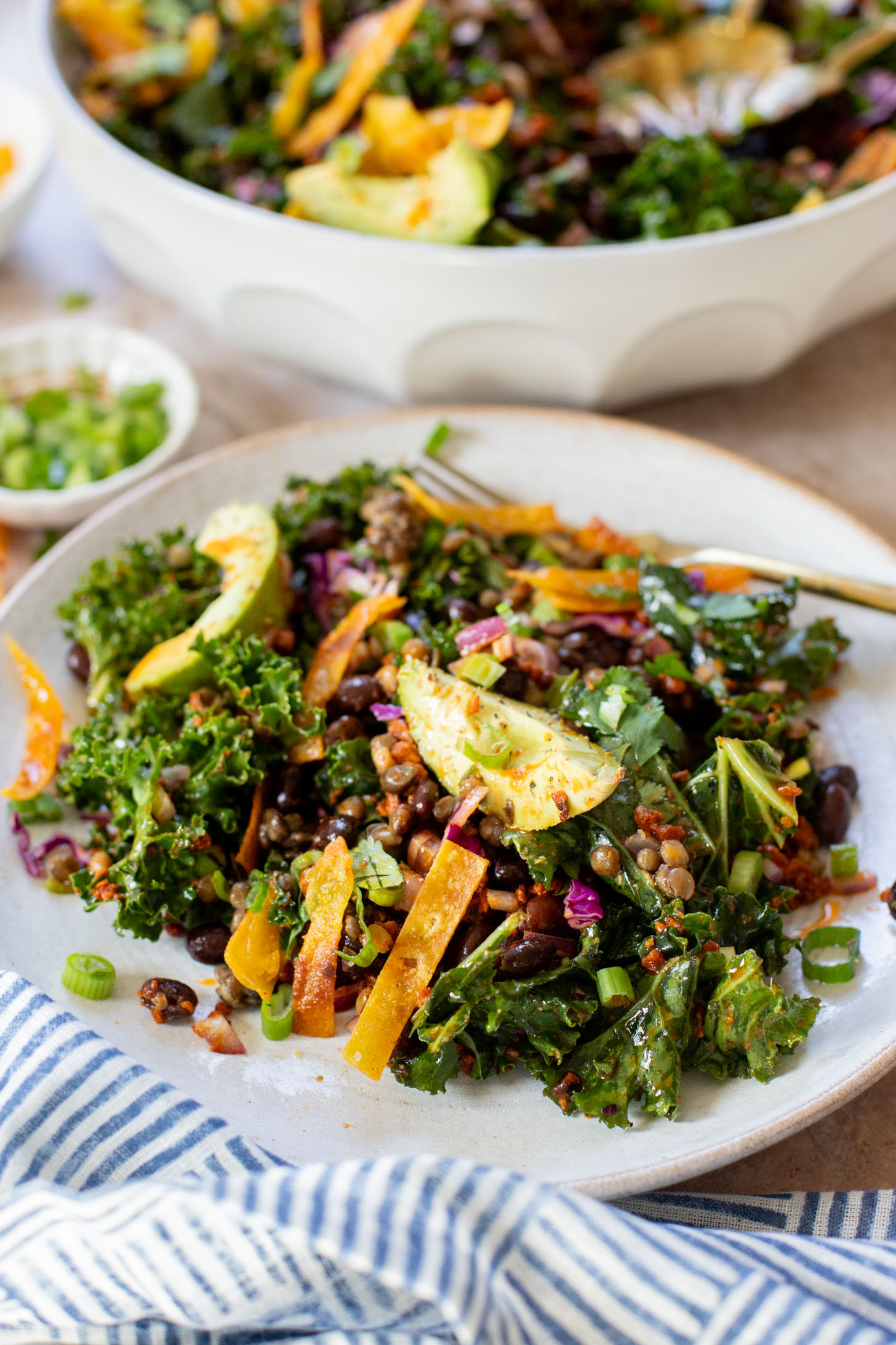 This Lentil & Bean Taco Salad is filled with kale, soy chorizo, greens, lentils & beans. All tossed in a zesty chipotle dressing | ThisSavoryVegan.com
