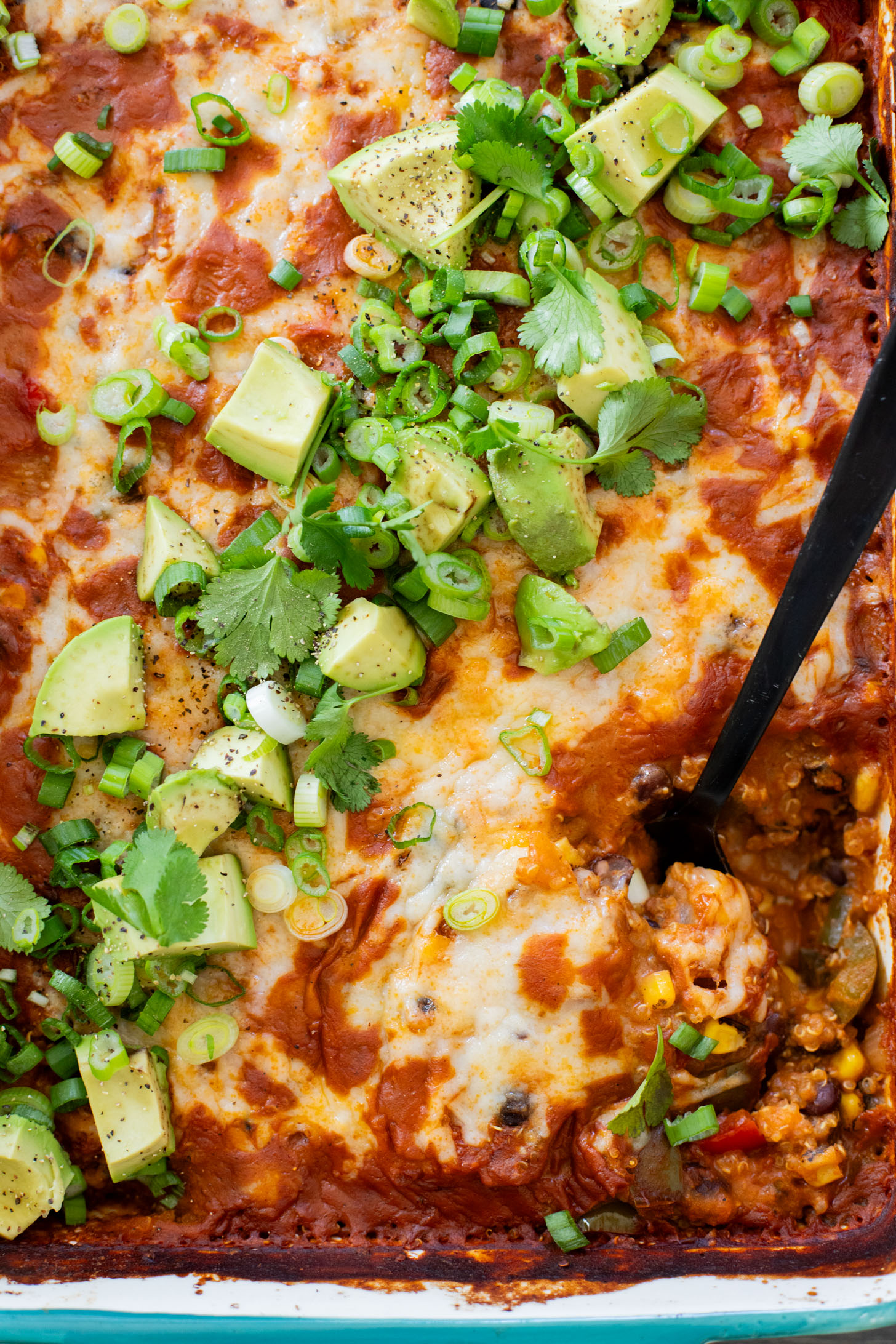 This Quinoa Enchilada Casserole is filled with plant-based protein & veggies. A super easy weeknight dinner that doesn't lack on flavor | ThisSavoryVegan.com